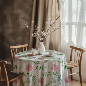 aranżacja jadalni z wazonem i filiżanką na obrusie ozdobionym różami i listkami