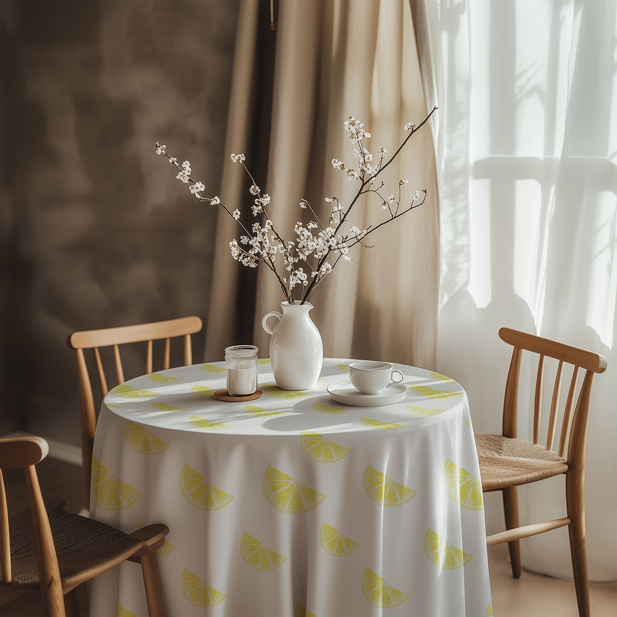 aranżacja stołu z wazonem i obrusem w plasterki cytryny