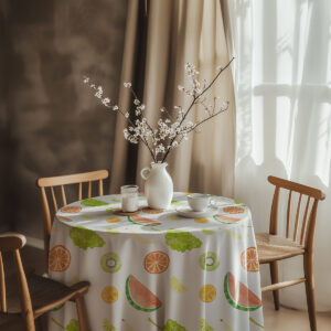 aranżacja stołu z obrusem w owoce, wazon z kwiatami i filiżanka jako dekoracja