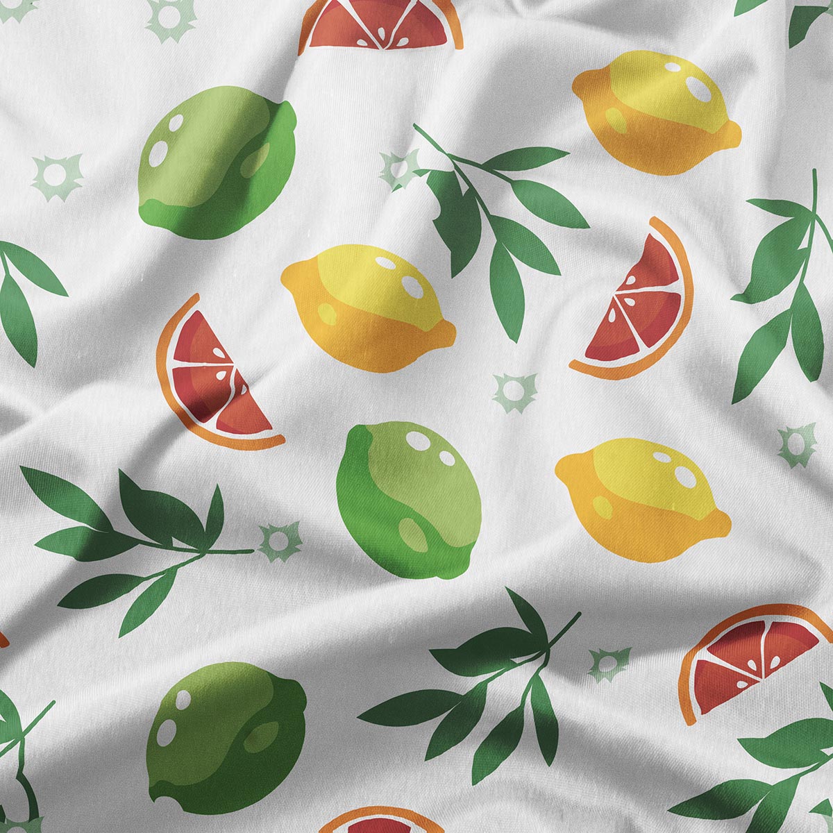 Zbliżenie na tkaninę i detale nadruku z limonkami, cytrynami i liśćmi