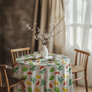 Aranżacja stołu z obrusem, wazonem z kwiatami i kubkiem, pokazująca jak obrus wygląda w wnętrzu