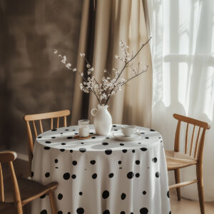 Aranżacja stołu z wazonem i zastawą na obrusu w groszki, stylizacja wnętrza