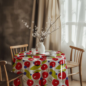 aranżacja stołu z wazonem i filiżanką na obrusie w wesoły wzór jabłek