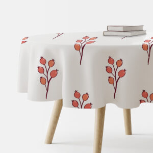 okrągły obrus z wzorem gałązek dzikiej róży na jasnym tle