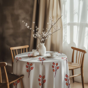 aranżacja stołu z wazonem i obrusem w motyw gałązek dzikiej róży