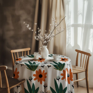 aranżacja stołu z obrusem, białym dzbankiem i filiżanką w przytulnym wnętrzu