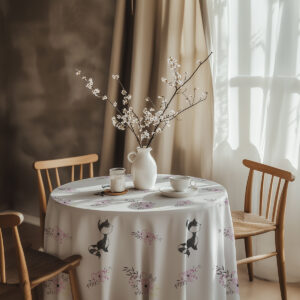 aranżacja stołu z wazonem i filiżanką, obrus z lisami i pastelowymi bukiecikami