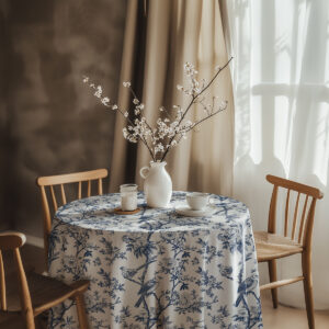 aranżacja stołu z wazonem i obrusem w niebieski wzór ptaków przy słonecznym oknie