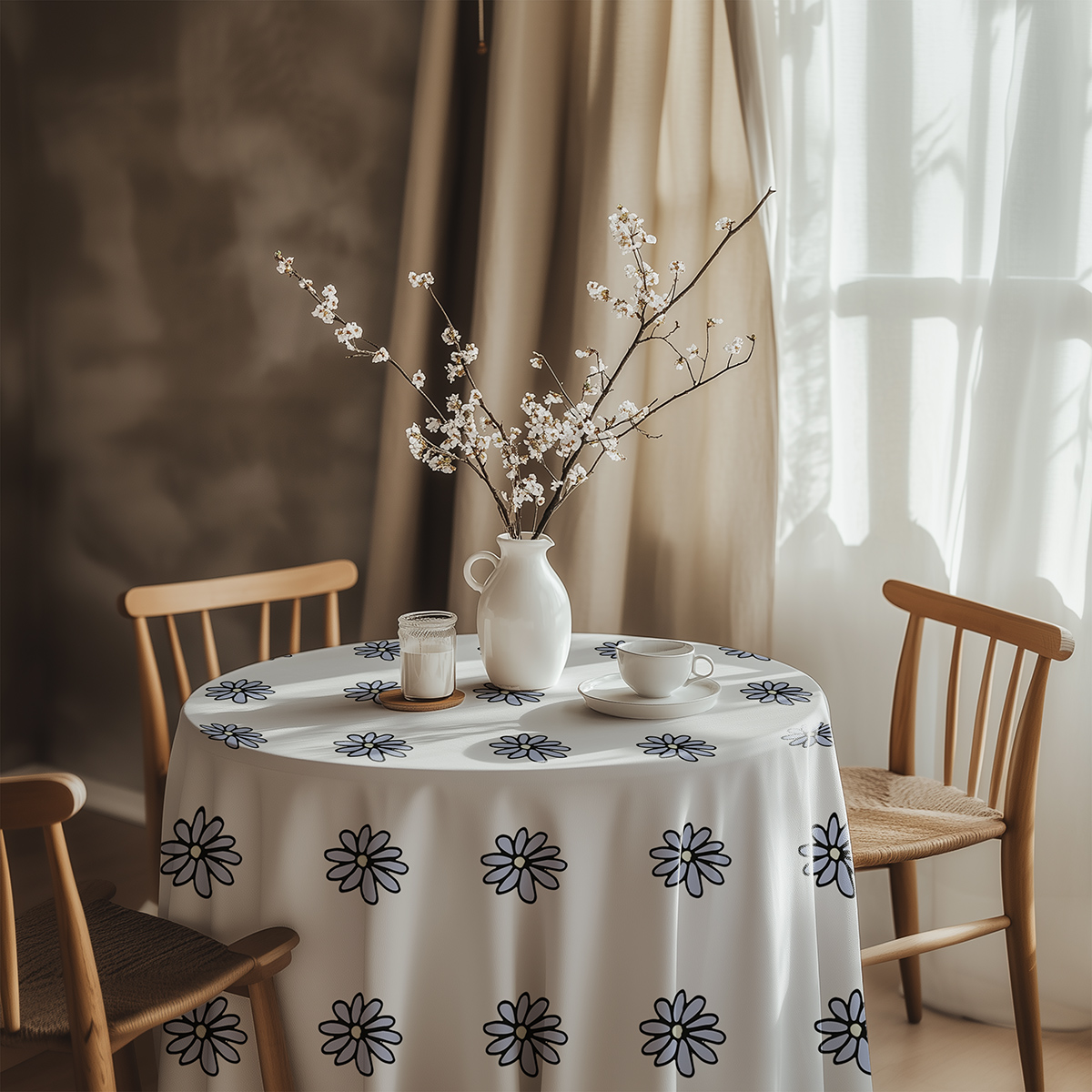 aranżacja stołu z wazonem i zastawą na obrusie w stokrotki