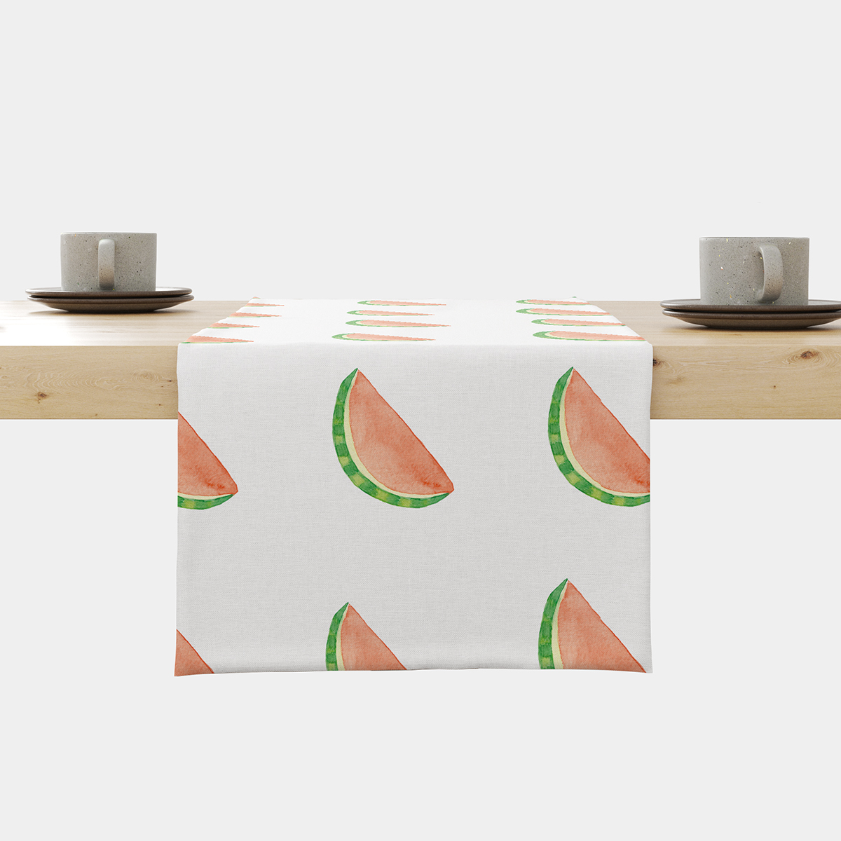 Bieżnik z akwarelowymi plasterkami arbuza ujęcie frontowe na jasnym stole