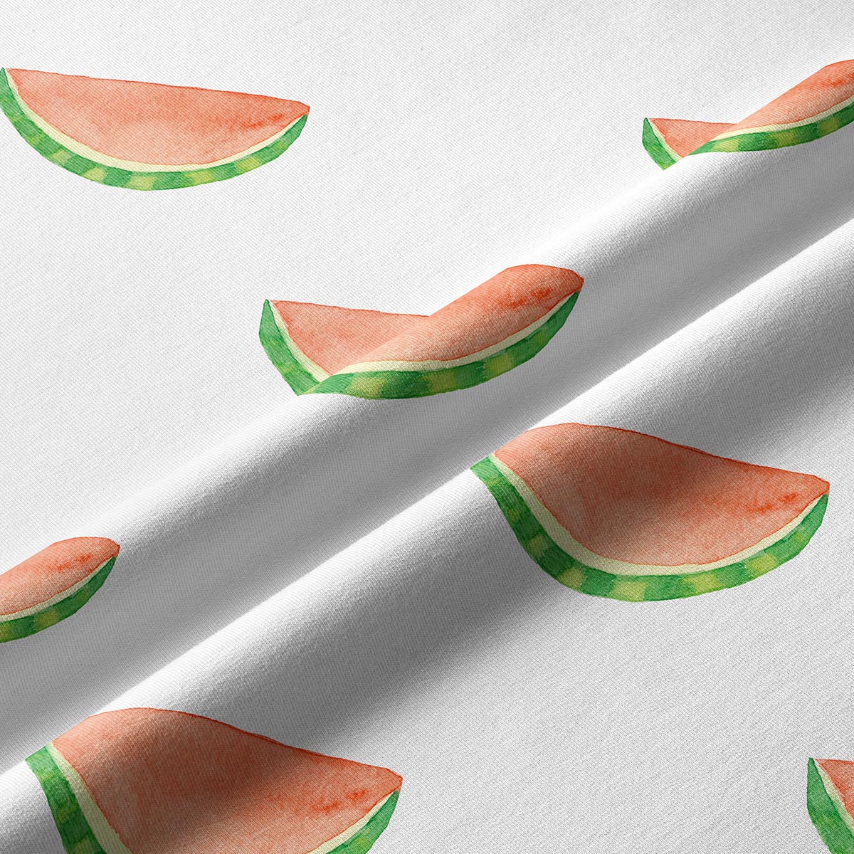 Zbliżenie na wzór akwarelowych plasterków arbuza i fakturę tkaniny