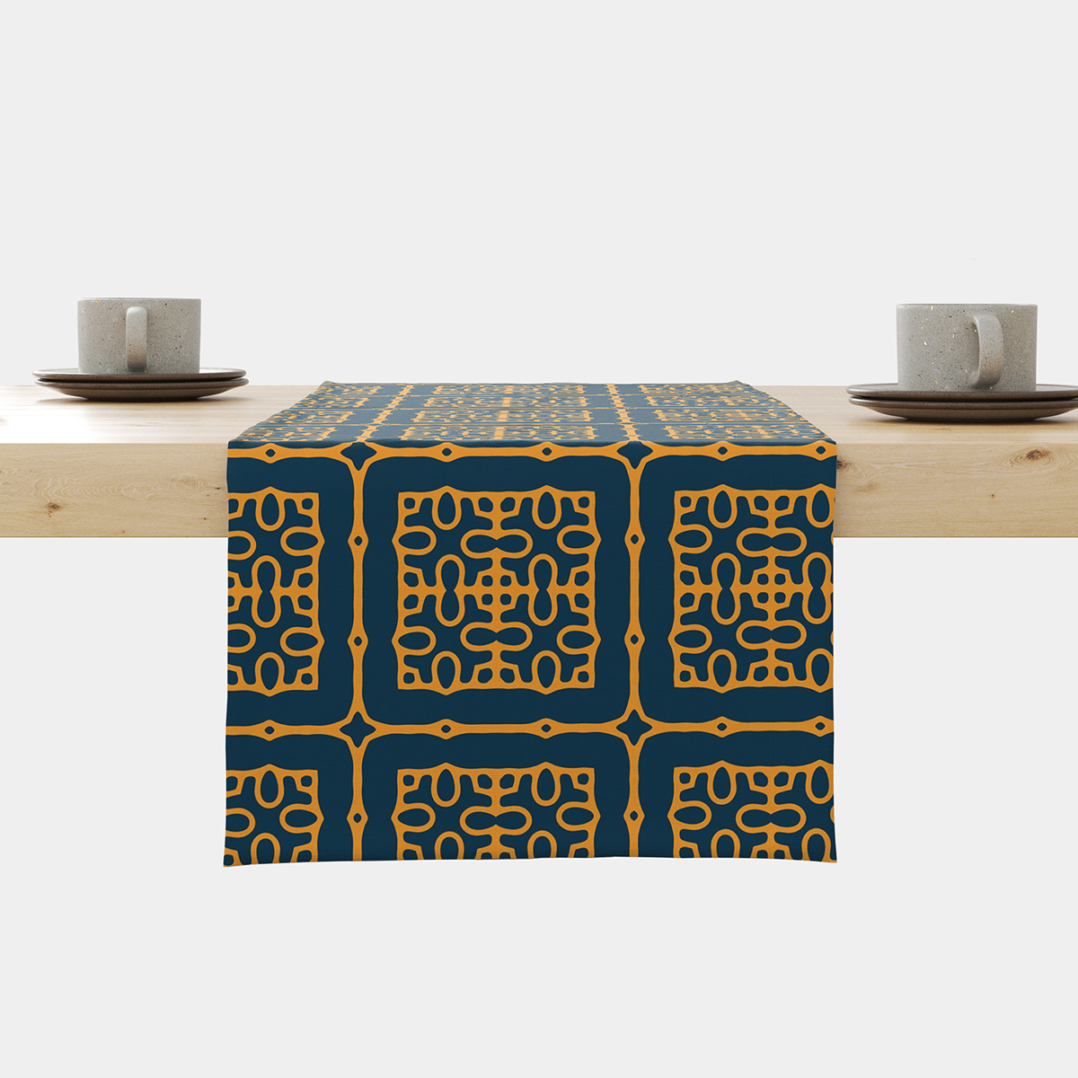 Bieżnik z kafelkowym ornamentem w musztardowym i granatowym kolorze, widok główny