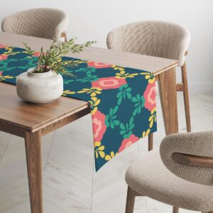 Perspektywa narożnika stołu pokazująca powtarzający się kwiatowy wzór