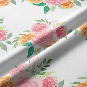 zbliżenie na fakturę tkaniny i nadruk akwarelowych róż oraz liści