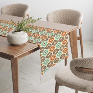 Bieżnik na drewnianym stole widziany z boku, pokazujący powtarzalny aztecki wzór i dopasowanie do wnętrza