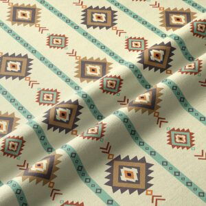 Zbliżenie na tkaninę z geometrycznymi rombami i turkusowymi pasami