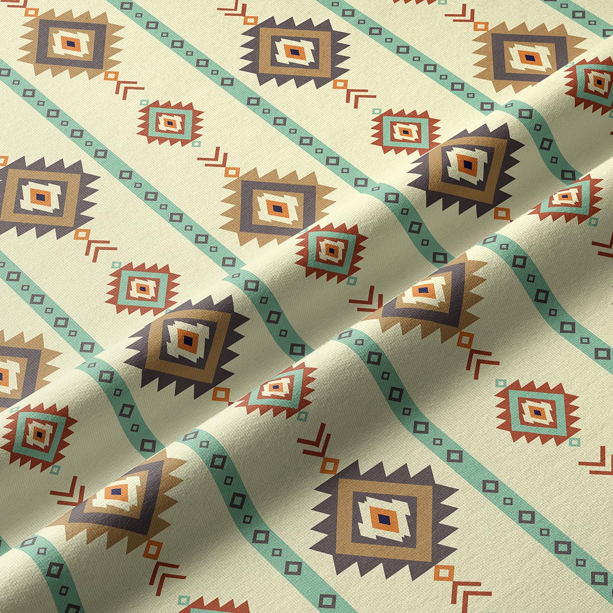 Zbliżenie na tkaninę z geometrycznymi rombami i turkusowymi pasami