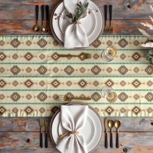 Aranżacja stołu z bieżnikiem, talerze i sztućce na tle etnicznego wzoru