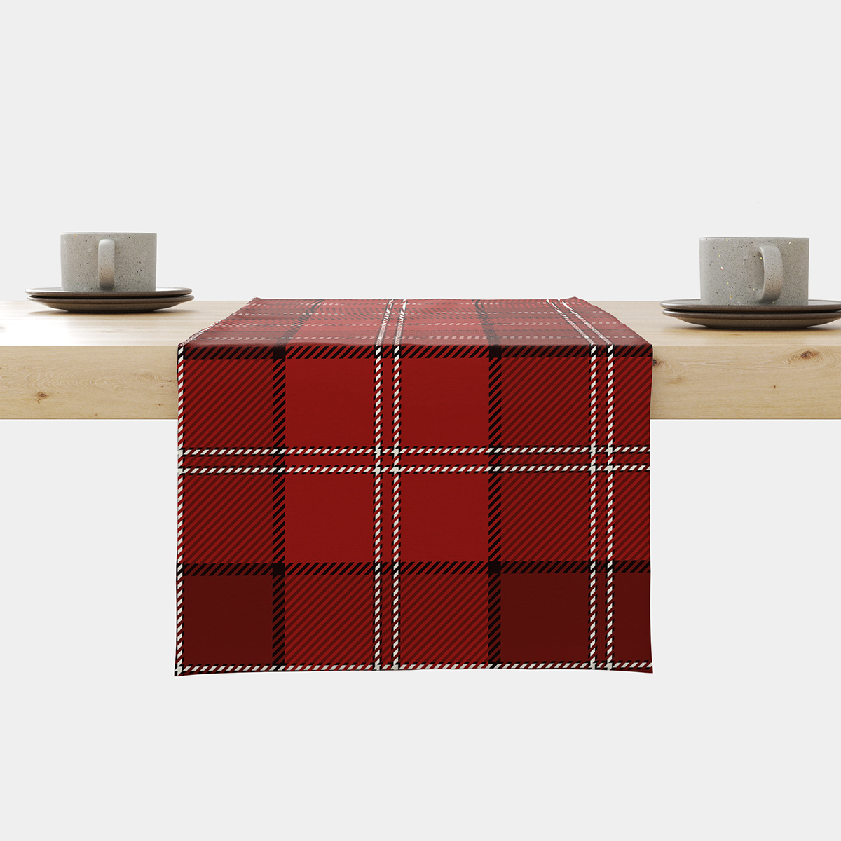 Bieżnik w czerwono-czarną kratę rozłożony na stole, główne ujęcie z przodu