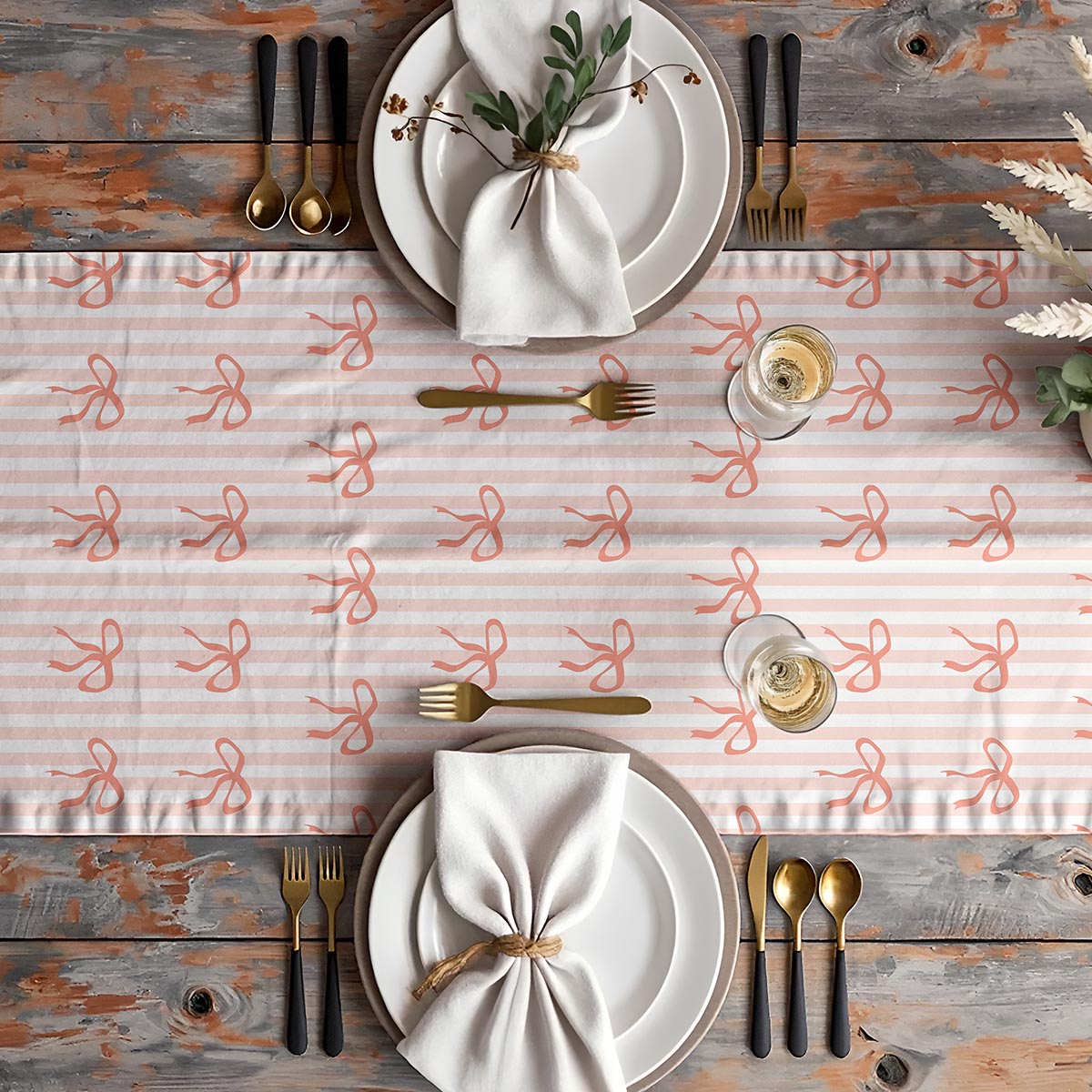 Aranżacja stołu z zastawą, bieżnik jako dekoracyjny element w centralnej części