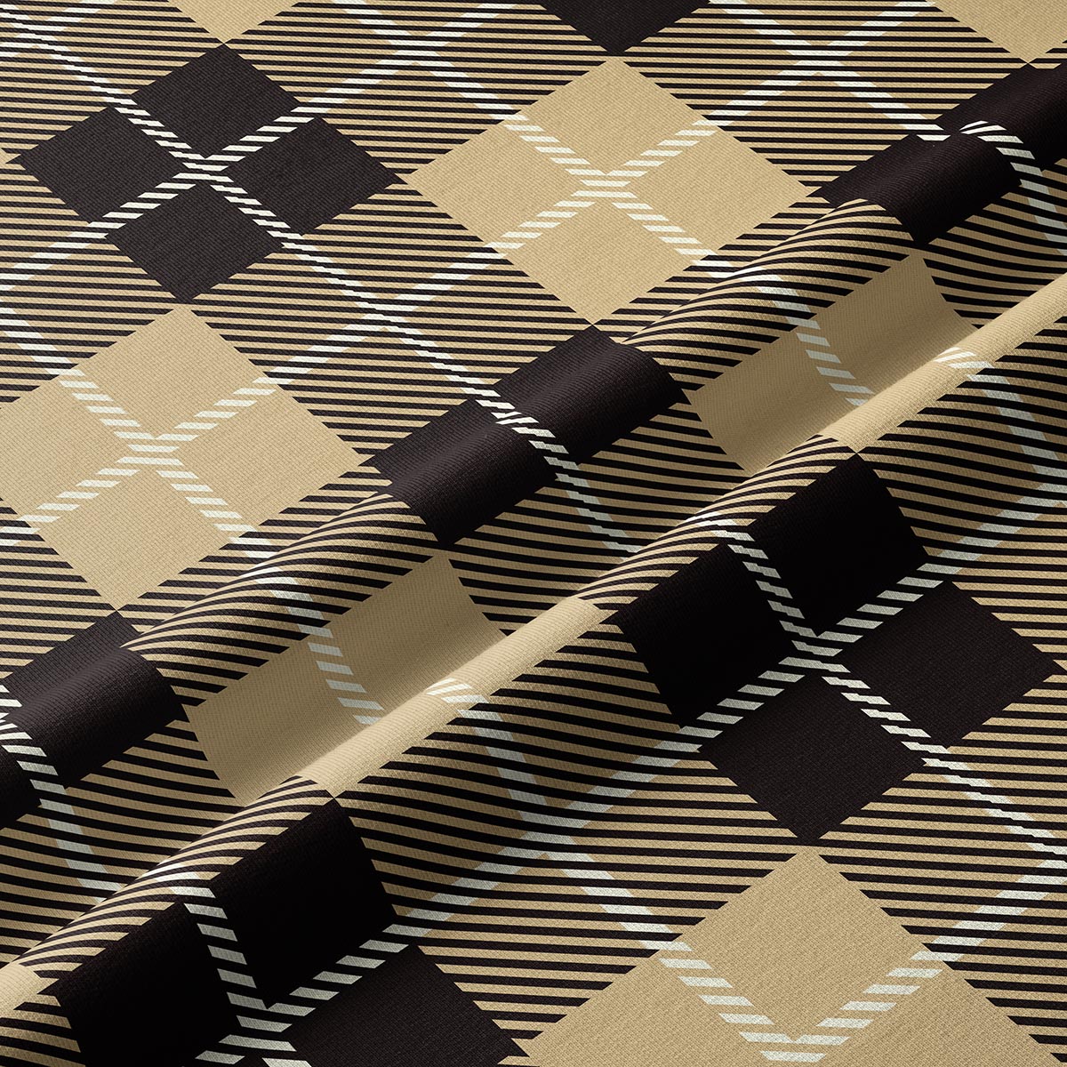 Zbliżenie na tkaninę z diagonalnymi paskami i kontrastowymi kwadratami w kolorze beżu i brązu