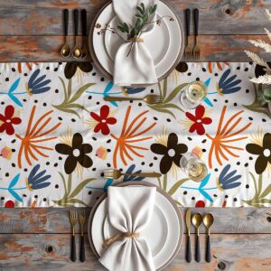 aranżacja stołu z bieżnikiem, talerze i sztućce widoczne z góry