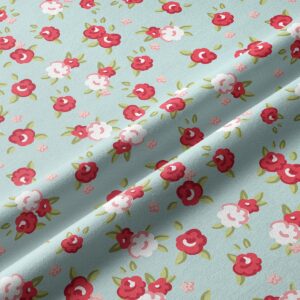 zbliżenie na fakturę tkaniny i drobny wzór różyczek na miętowym tle