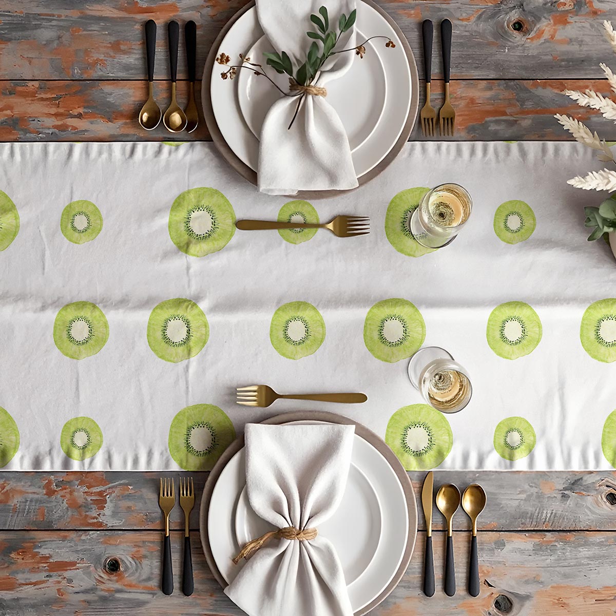 aranżacja stołu z bieżnikiem w plastry kiwi, talerze, złote sztućce i kieliszki