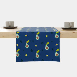 Bieżnik na stole z wzorem awokado i drobnymi żółtymi kwiatkami na granatowym tle