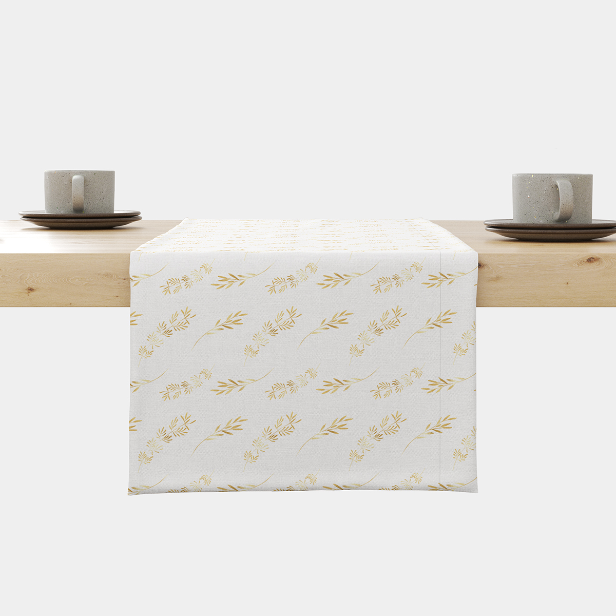 Bieżnik z delikatnymi złotymi gałązkami na jasnym tle, ujęcie główne