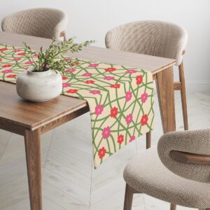 Ujęcie narożnika stołu z bieżnikiem pokazujące powtarzający się motyw kwiatów