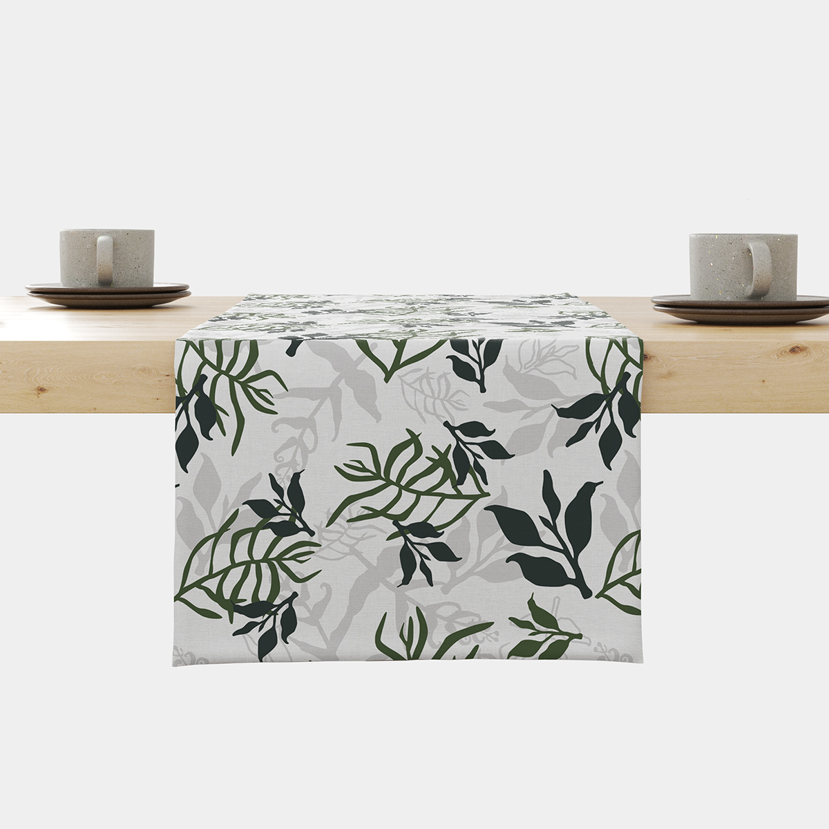 Bieżnik z zielonym liściastym wzorem, widok na stół z przodu