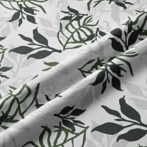 Zbliżenie na fakturę tkaniny i detale ciemnozielonych oraz oliwkowych liści