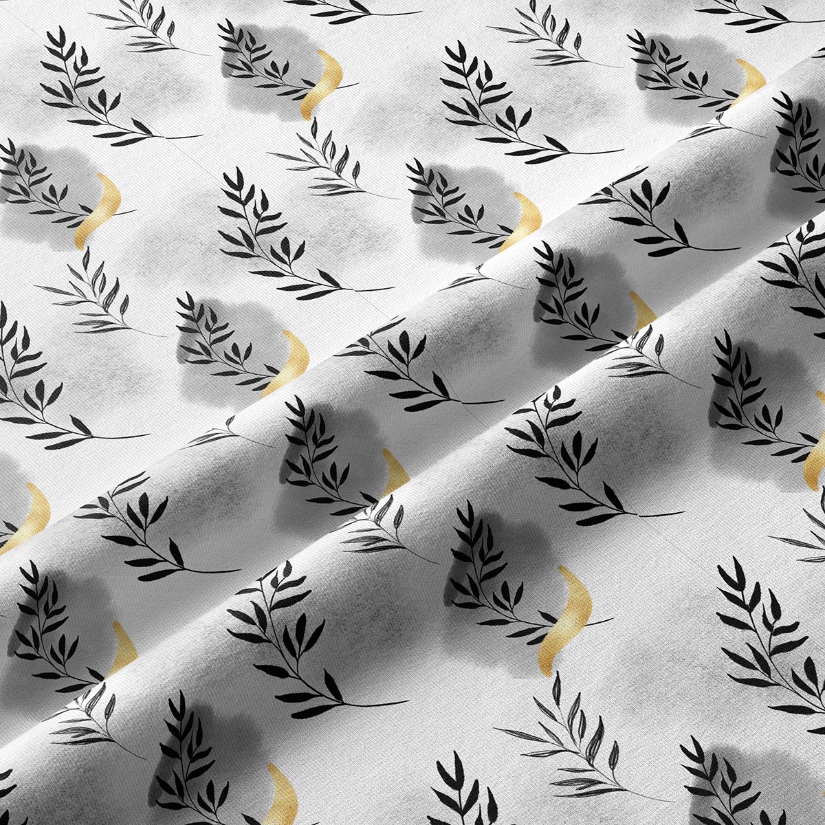 Zbliżenie na tkaninę pokazujące detal gałązek i subtelne złote pociągnięcia
