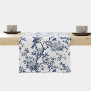 Główne ujęcie bieżnika z niebieskimi ptakami i kwiatami na jasnym tle