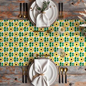 Widok z góry na nakryty stół z bieżnikiem w żółto-zielony wzór i ustawionymi talerzami