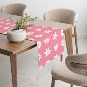 Widok narożnika stołu z bieżnikiem i dekoracyjną donicą w jasnej, przytulnej aranżacji