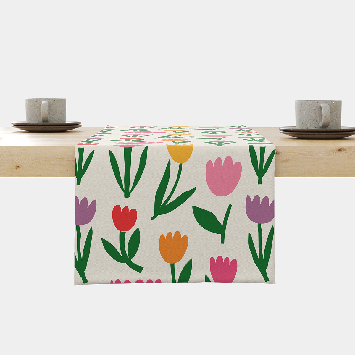 Bieżnik na stole z dużym, kolorowym wzorem tulipanów, ujęcie główne
