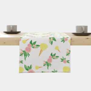 biały bieżnik na stole z motywem akwarelowych róż i żółtych lodów