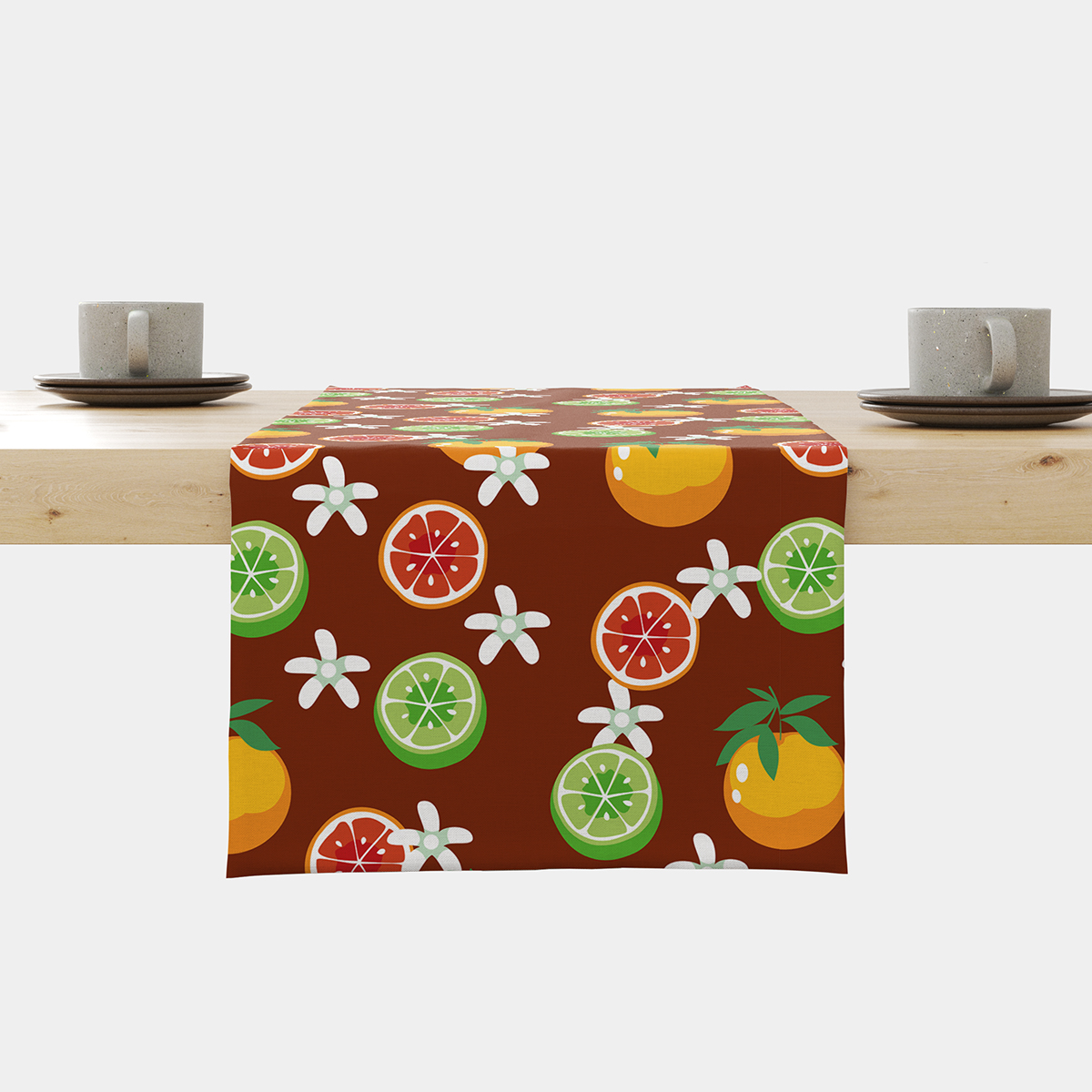 Bieżnik z motywem cytrusów na brązowym tle ułożony na stole