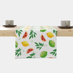Bieżnik z wzorem cytrusów (cytryny, limetki, plasterki pomarańczy) rozłożony na stole, ujęcie główne