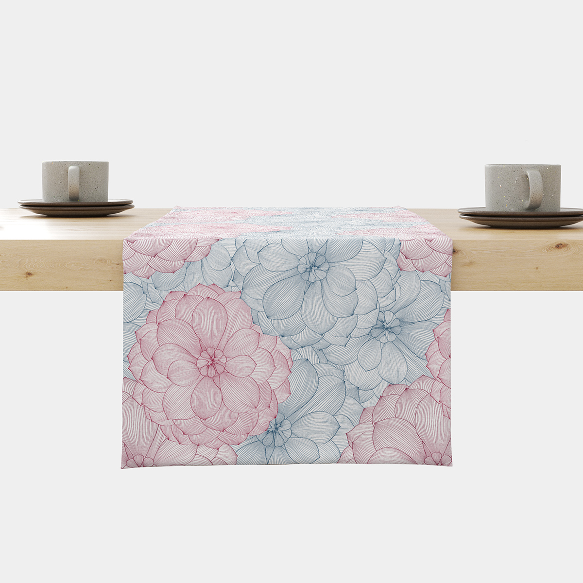 Bieżnik na stole z dużym szkicowym wzorem kwiatowym w pastelowym różu i błękicie