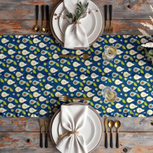 Bieżnik ułożony na stole w aranżacji nakryć z talerzami i sztućcami, widok z góry