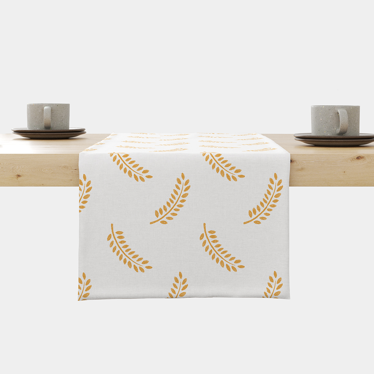 Bieżnik na stole, widok z przodu z powtarzającym się wzorem złotych gałązek