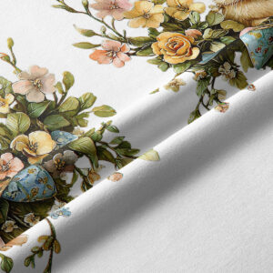 Zbliżenie na nadruk: zajączki, kwiaty i dekoracyjne jajka na plamoodpornej tkaninie