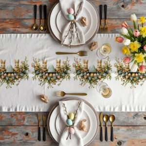 Aranżacja stołu ze świątecznym bieżnikiem, zastawą talerzy i bukietem wiosennych kwiatów