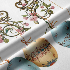 zbliżenie na detal tkaniny z malowanymi pisankami, kwiatowymi motywami i wyraźną fakturą materiału