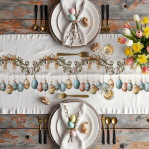 aranżacja stołu ze świątecznym bieżnikiem, talerzami, sztućcami i bukietem tulipanów