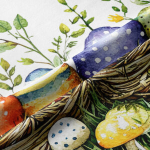 Zbliżenie na fakturę tkaniny oraz detale kolorowych pisanek i liści