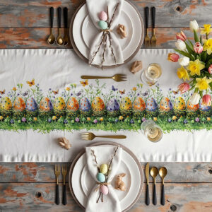 aranżacja świątecznego stołu z bieżnikiem, talerzami, sztućcami i bukietem tulipanów